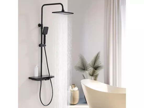 Colonne de Douche Thermostatique 38℃ avec Plateau de Rangement de 40 cm Ensemble de Douche Noir Comprend une Douche de Tête Surdimensionnée