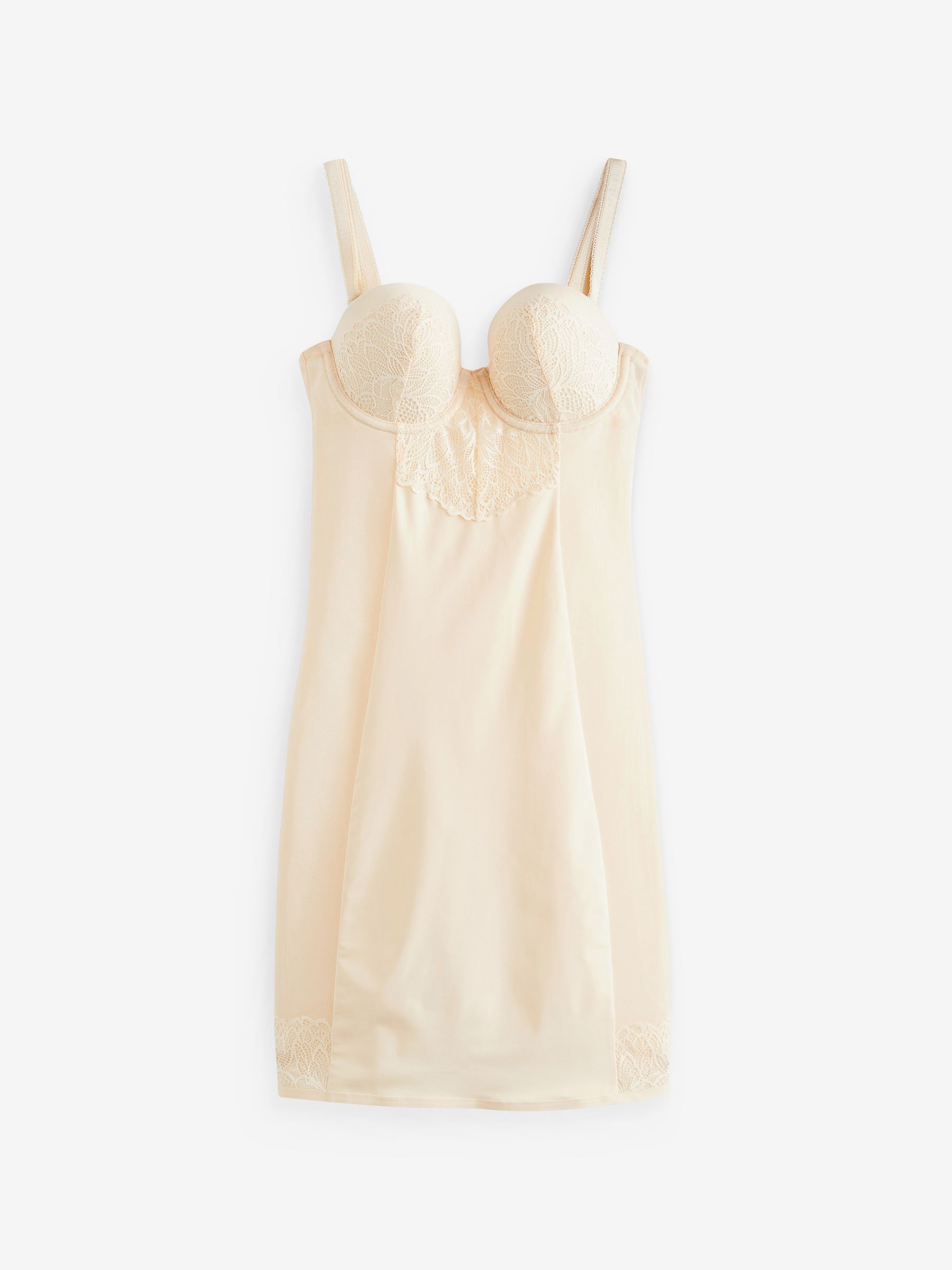 Pastelroze nude - Kanten slipdress met cups en sterke buikcorrectie
