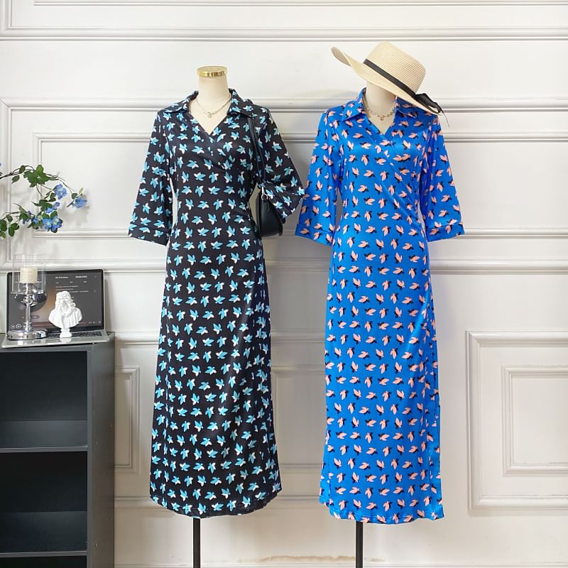 Iasia - Midi-jurk met bloemenprint en kraag en elleboogmouwen