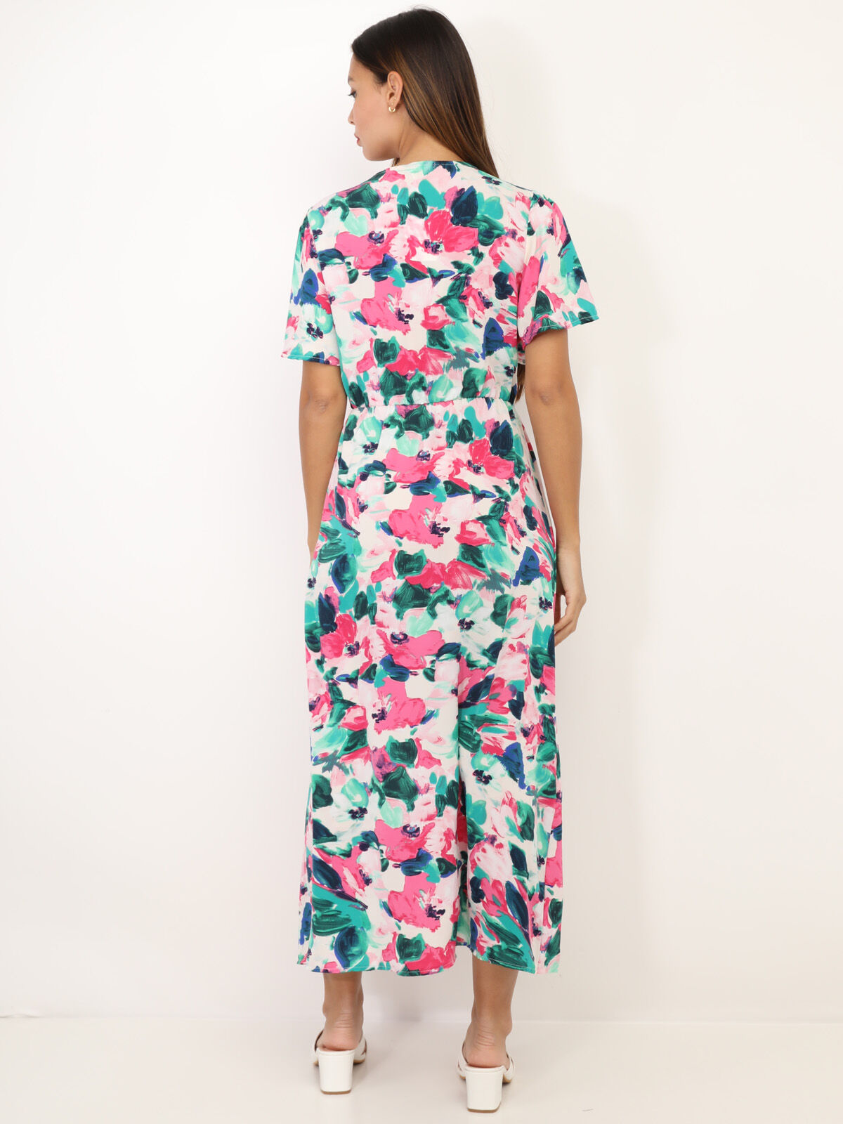 Robe fendue à imprimé fleurs aquarelles- vert_rose
