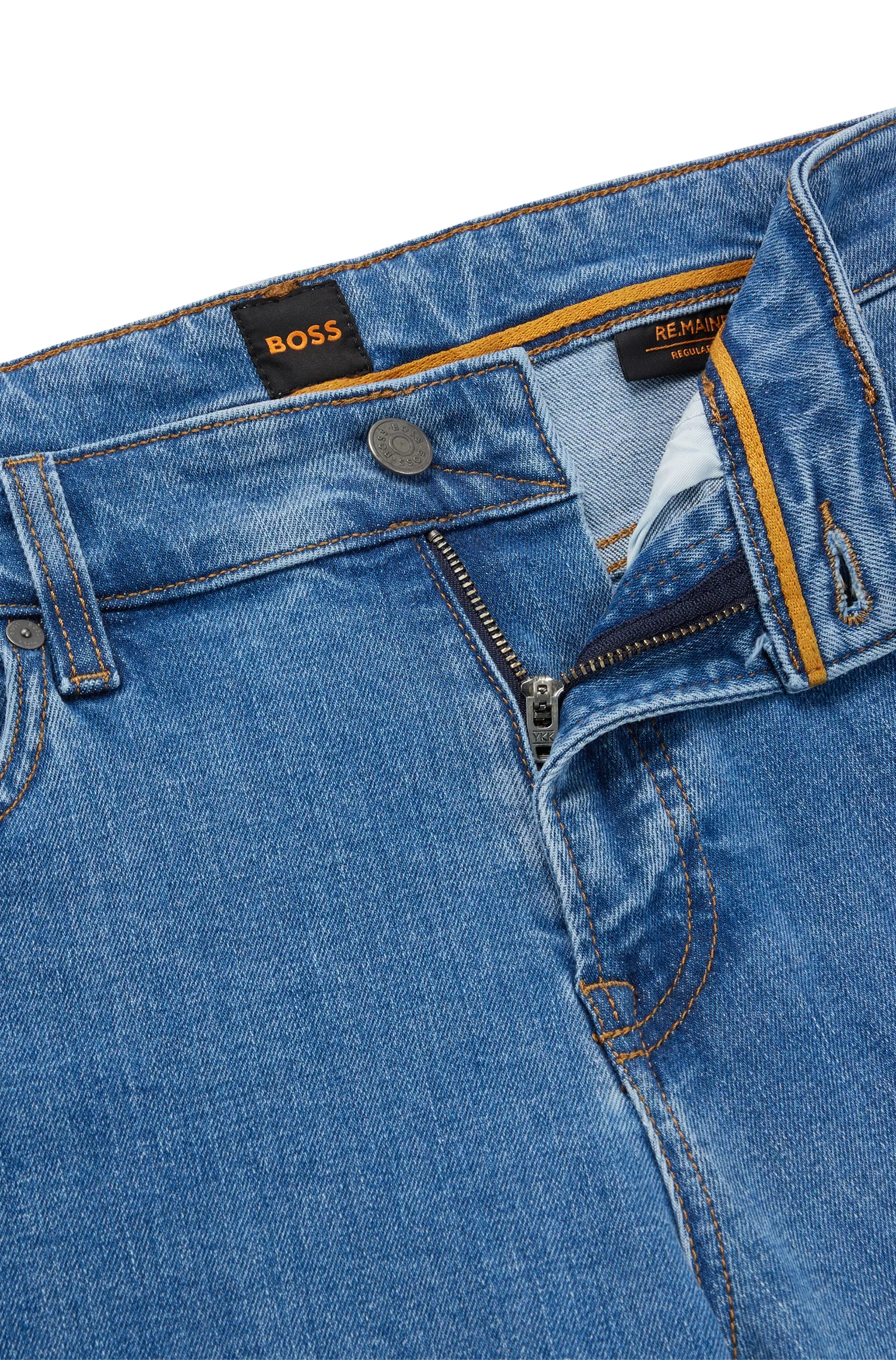 Calça jeans BOSS laranja, corte regular, em denim azul com elasticidade confortável.