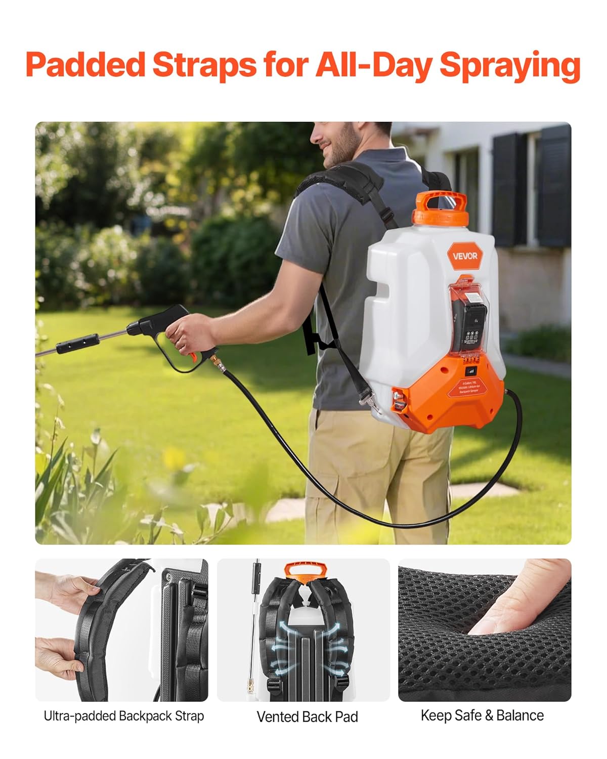 VEVOR Akku-Drucksprüher, 16 L elektrisches Sprühgerät, 2 Stäbe & 8 Düsen, einstellbar 0–6 bar, 4 Stunden Laufzeit, tragbare Rucksacksprühgerät für Hof & Garten zum Jäten, Sprühen und Reinigen