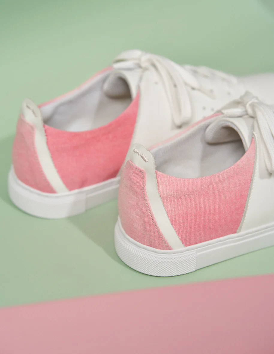 Baskets basses Renée - Cuir blanc et toile tie and dye rose