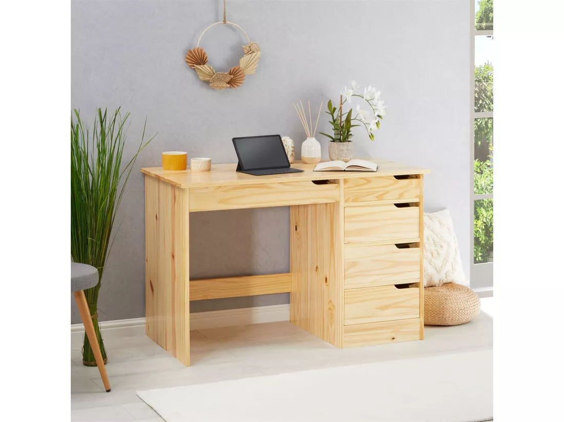Bureau HUGO avec rangement 5 tiroirs style scandinave en pin massif à la finition naturelle