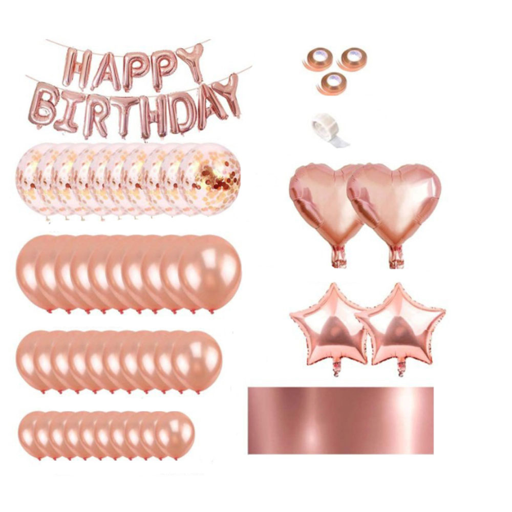 (76-tlg. Set) Happy Birthday Girlande Geburtstags Party Deko   Latex- und Folienballons / Tischtuch - Roségold