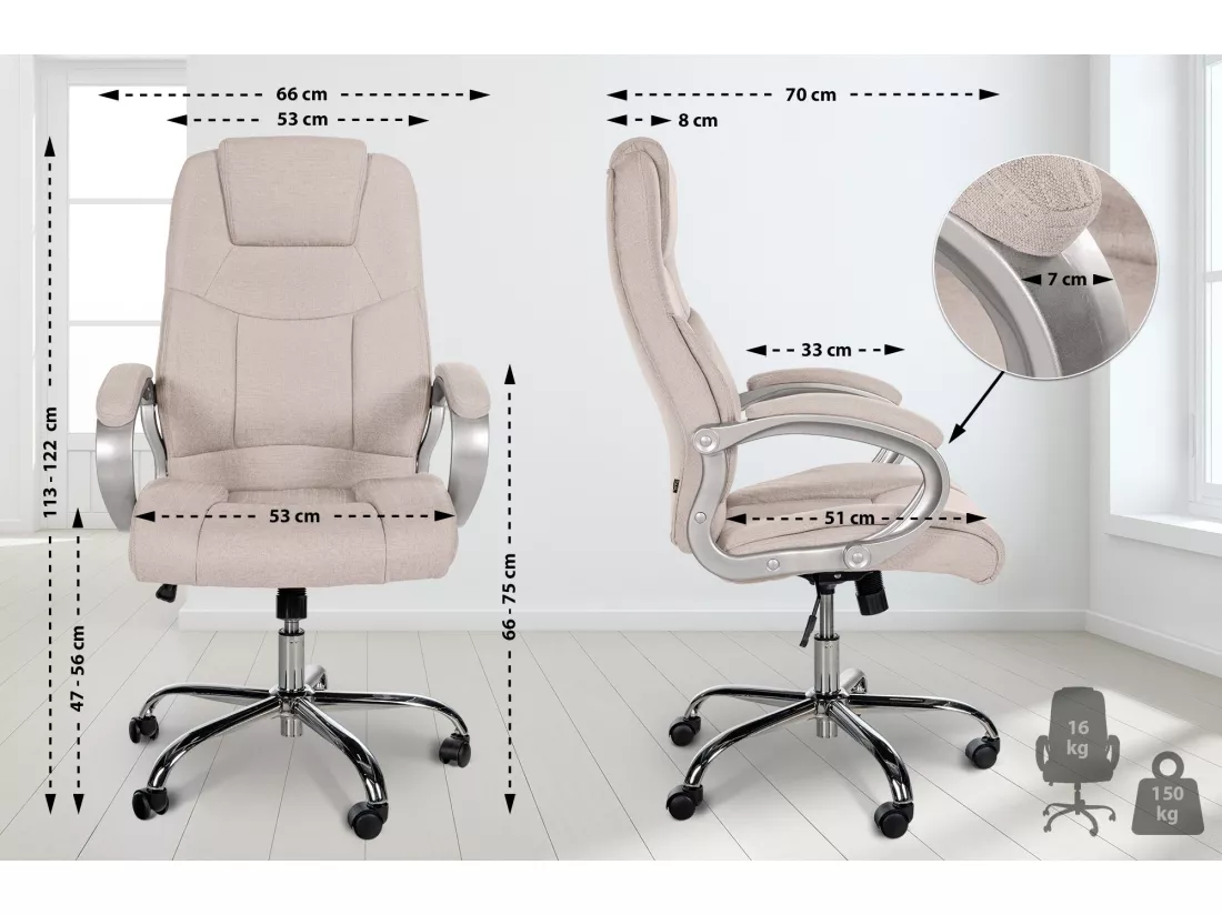 Chaise de bureau - Tissu & Métal chromé - Crème - XL Apoll