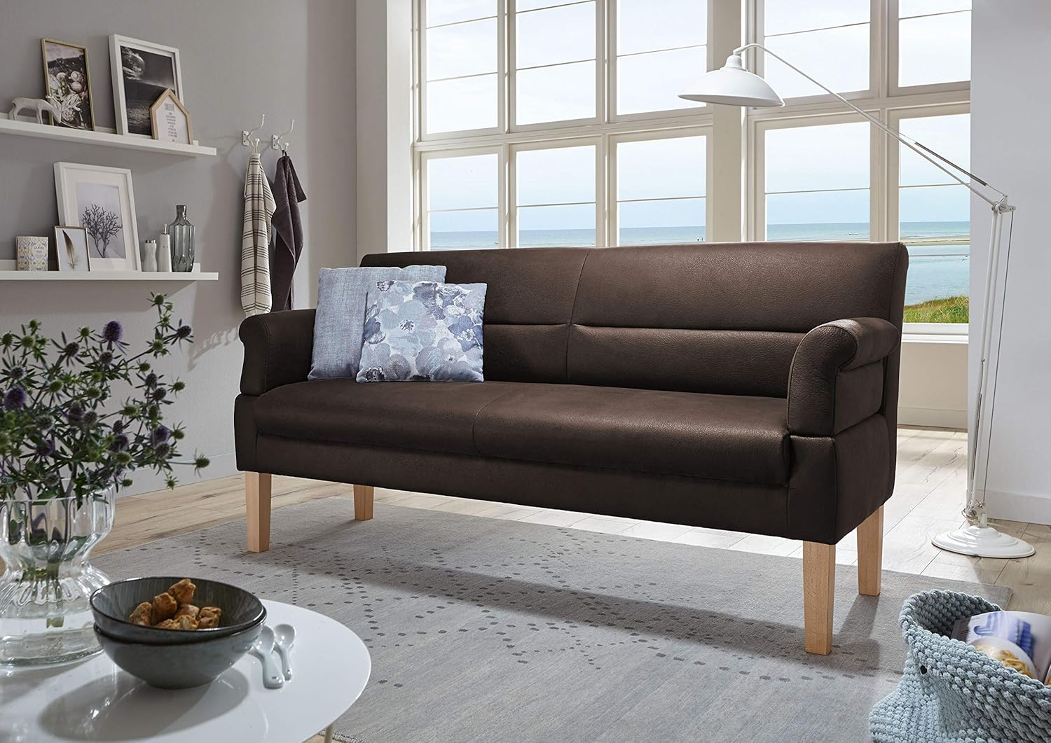 CAVADORE 3-Sitzer Kira, Sitzbank für Küche, Esszimmer oder Wohnküche in Büffellederoptik, Inkl. Armteilverstellung und Federkern, 189 x 94 x 81, Mikrofaser: braun