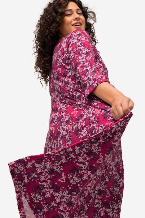 Jerseykleid, Blüten, A-Linie, Rundhals, 3/4-Arm