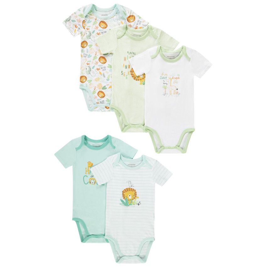 Lot de 5 bodies manches courtes lion pour bébé garçon avec ouvertures différentes selon l'âge - Bleu