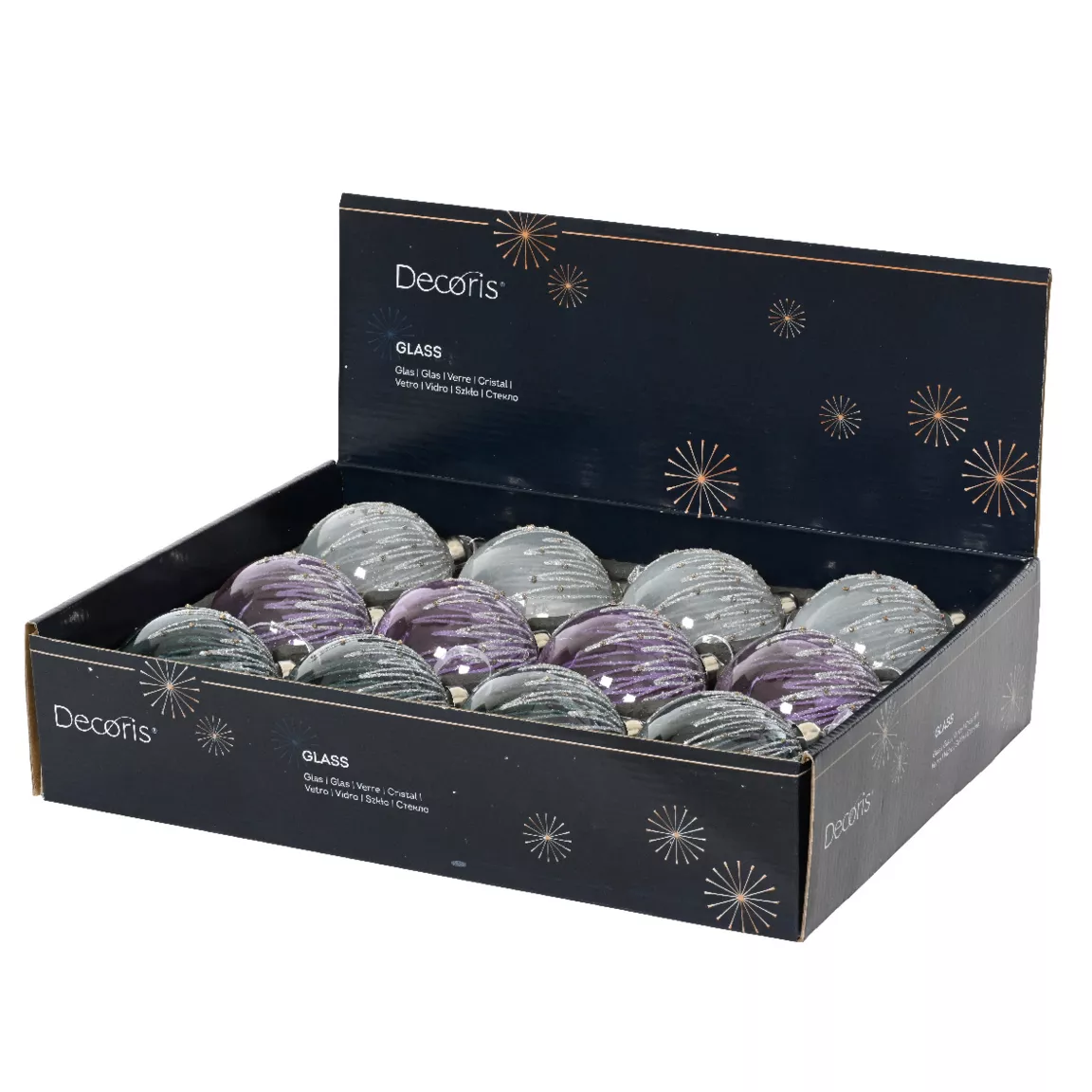 Lot de 12 boules de Noël en verre (D80 mm) Givrées Bleu glacé et lilas