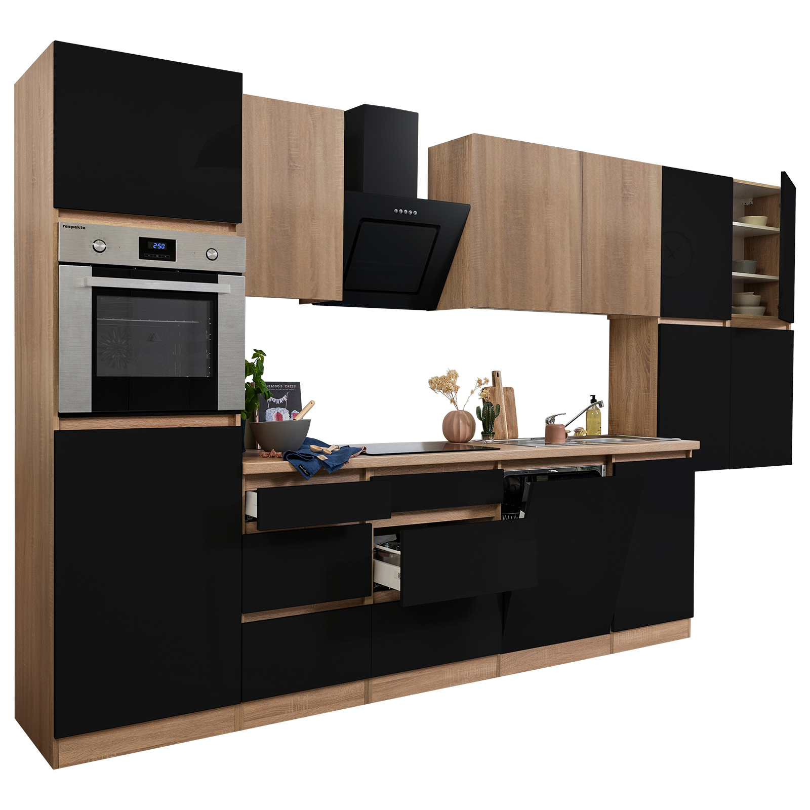 RESPEKTA Küchenblock - schwarz Hochglanz-Eiche Sägerau - mit E-Geräten - 380 cm