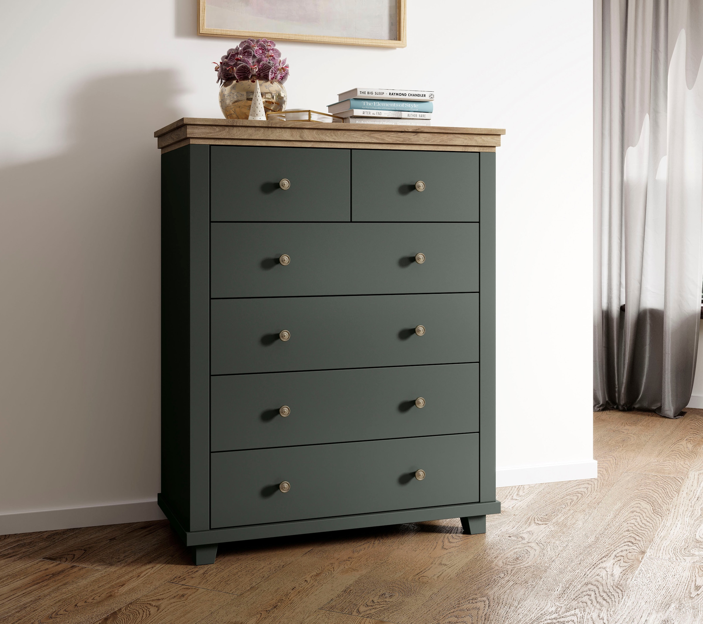 Home affaire Schubkastenkommode »Evora mit 6 Schubladen, viel Stauraum, 90x42x112,5 cm (BxTxH) FSC®« Kommode mit MDF-Applikationen, Landhausstil, passende Ergänzung