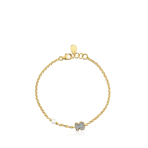 Pulseira em forma de urso com banho de ouro 18k sobre prata, diamantes e pérola Nocturne.