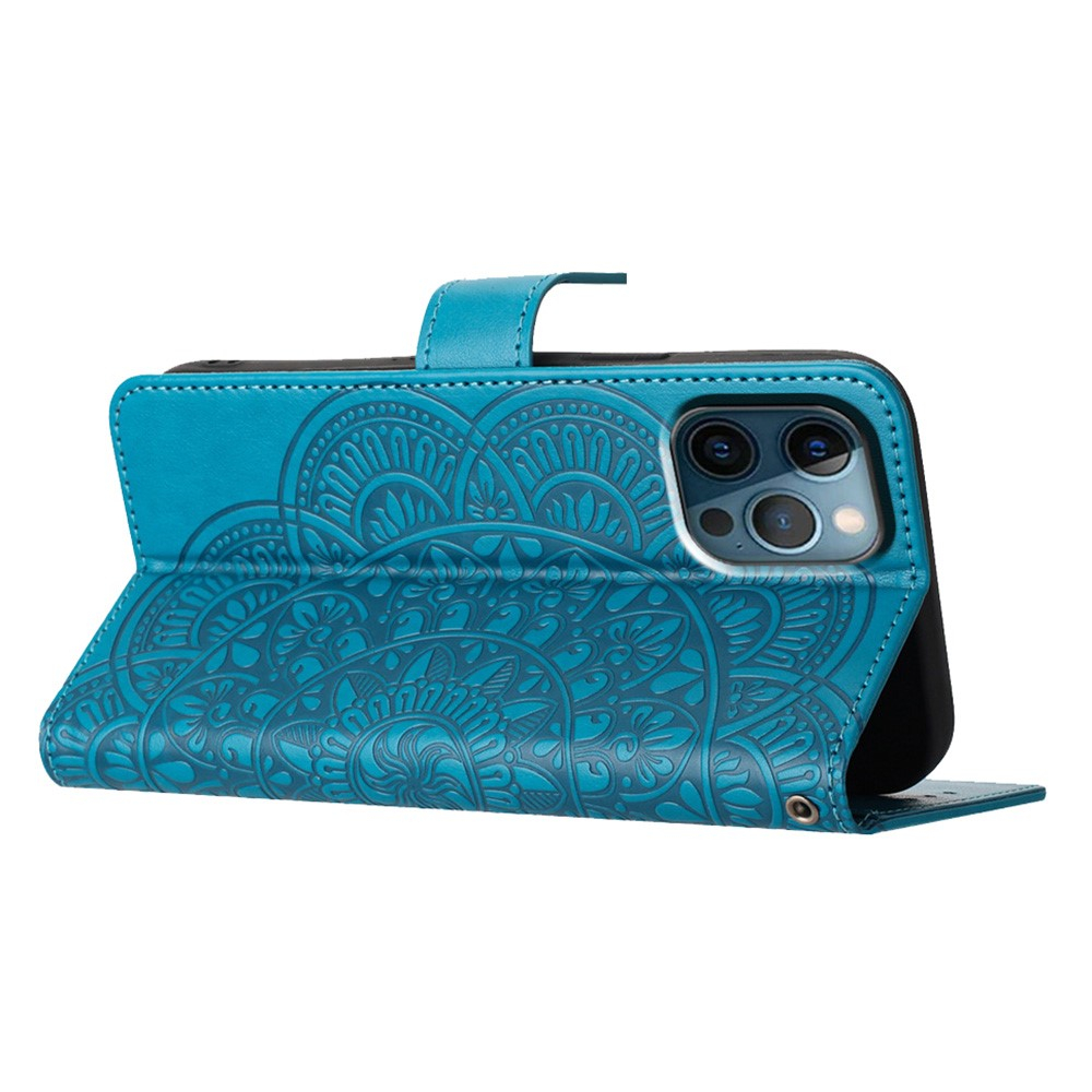 iPhone 16 Pro Leder Tasche Wallet - Mandala Flowers Imprint - Blau
