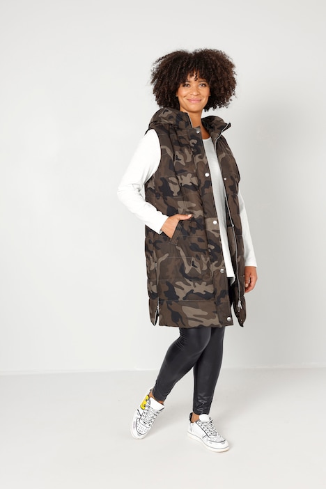 Long-Steppweste, Straight Fit, Camouflage, Kapuze, Zipper, Seitenschlitze