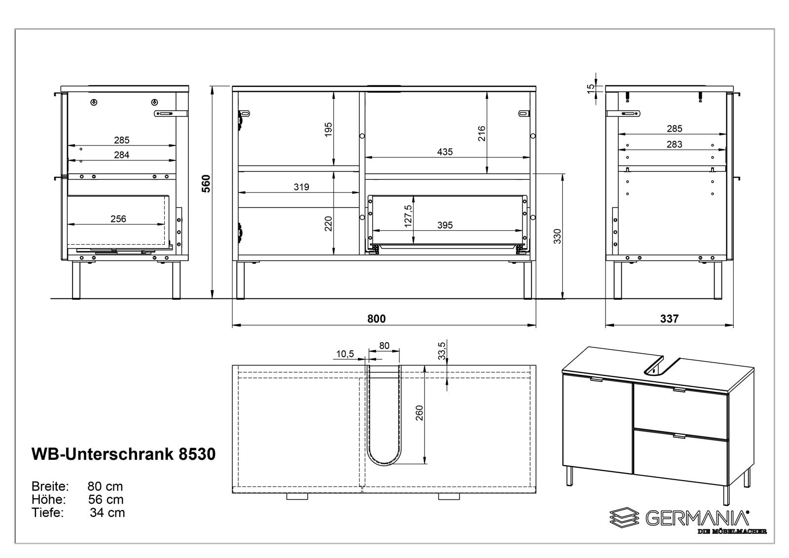 Waschbeckenunterschrank FEY 80 cm Eiche/ HG Weiß