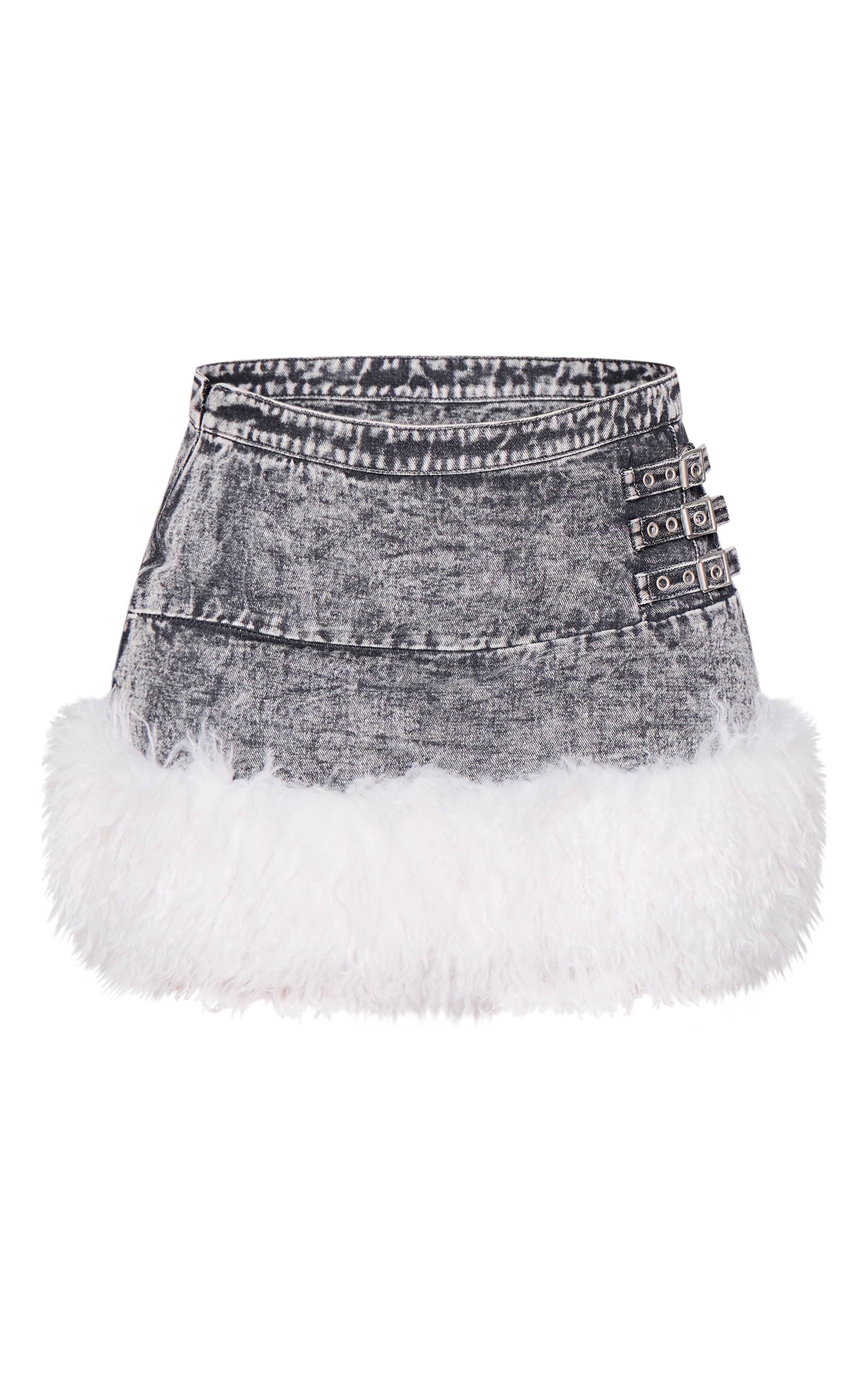 Noir Délavé Jupe En Jean Mini Avec Bordure En Synthétique Petite