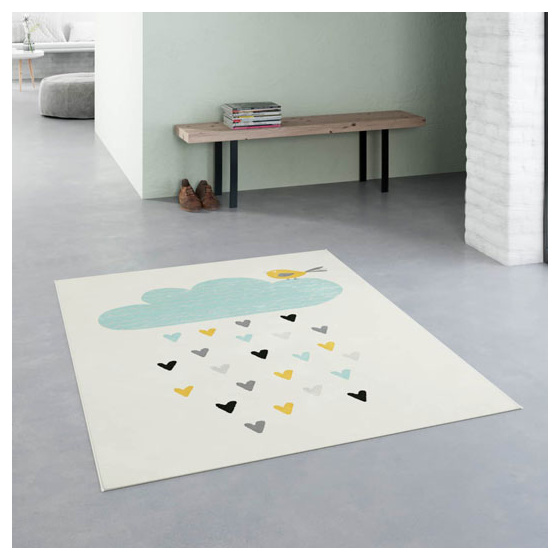 Tapis chambre d'enfant - petits cœurs - beige et motifs colorés - 120 x 170 cm
