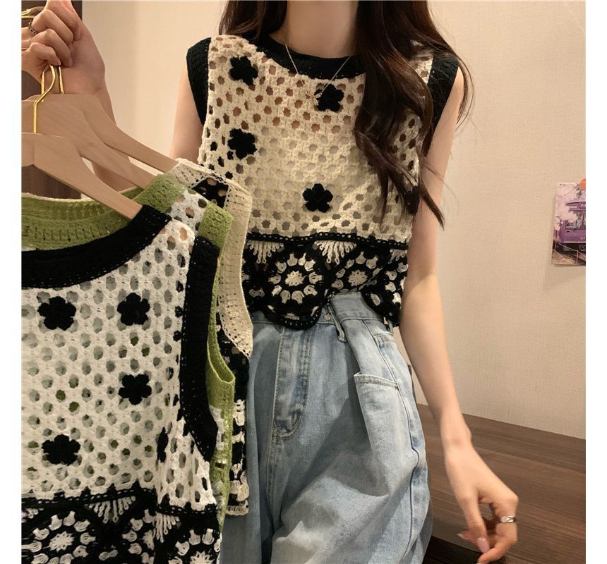 Allinya - Ronde hals, tweekleurig cropped gehaakt vest