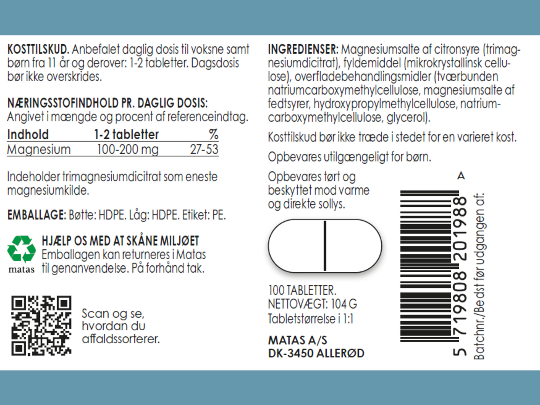 Matas Striber Magnesium Citrat 100 tabl.