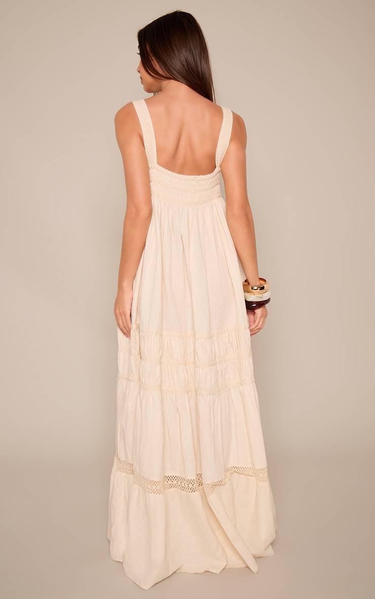 Naturel Robe Longue À Détails Brodés Effet Lin