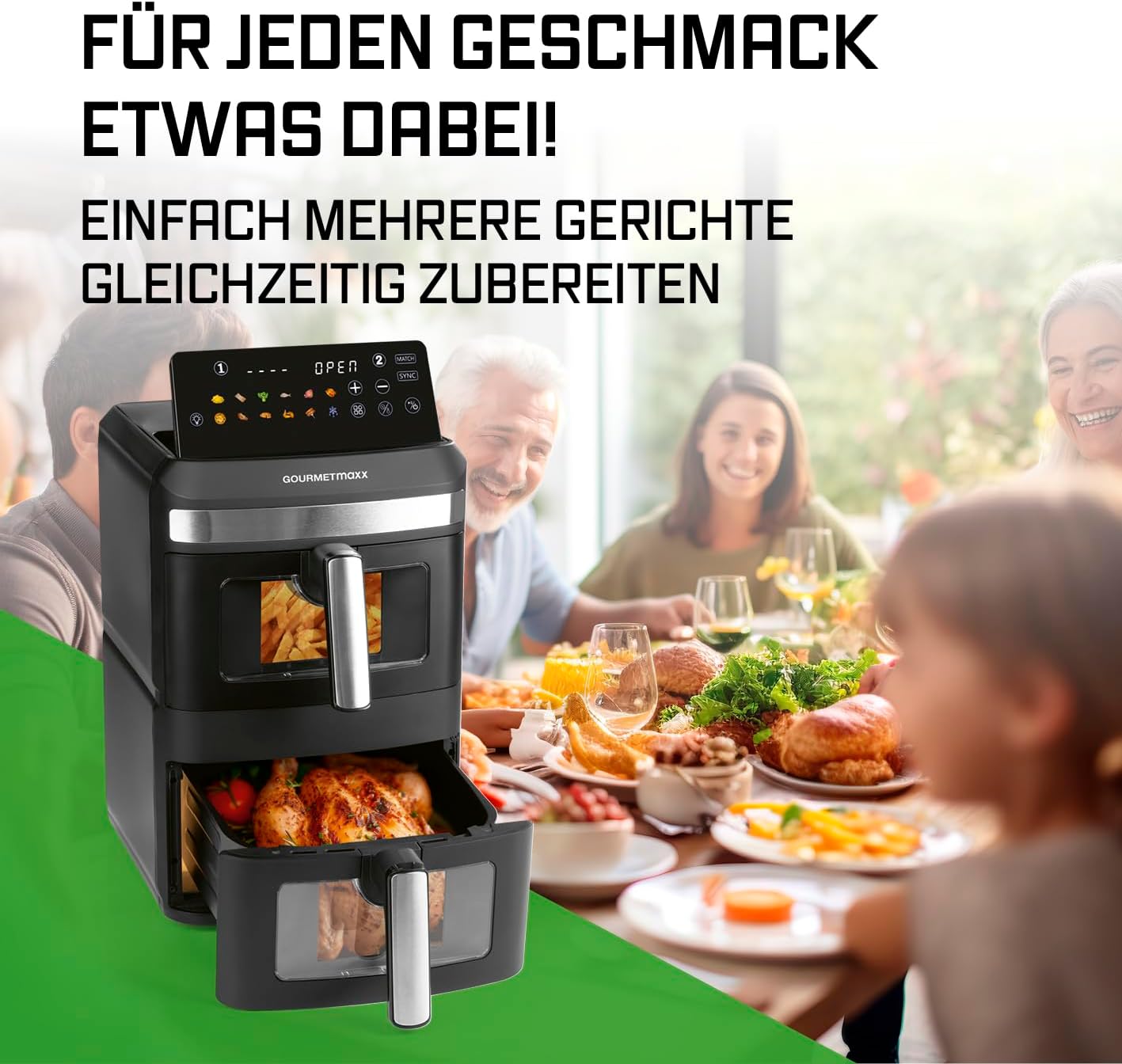GOURMETmaxx FryUp XL vertikale Doppelkammer Heißluftfritteuse mit Sichtfenster - 12 L | Airfryer mit 9,6 Zoll Multi-Colour LED-Touchdisplay & 12 Programmen | Heißluftfritteuse 2 Kammern mit Oberhitze