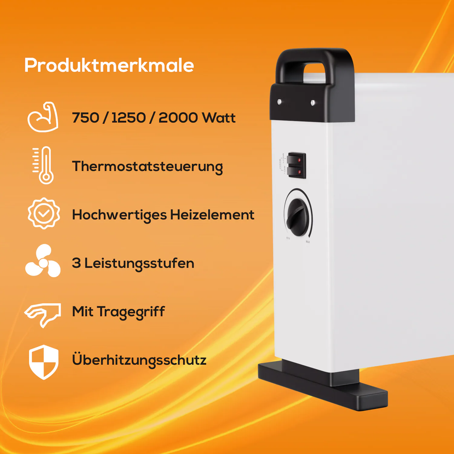 TroniTechnik® KH-101 Heizgerät Konvektor Radiator Heizung stufenlose Thermosteuerung (750W / 1.250W / 2.000W),Tragegriff