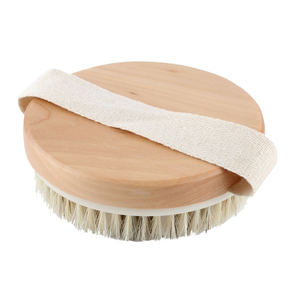 (Ø11.5cm) Holz Massagebürste Peeling Dusch Schwamm Wellness Reinigungsbürste mit Handschlaufe - Beige