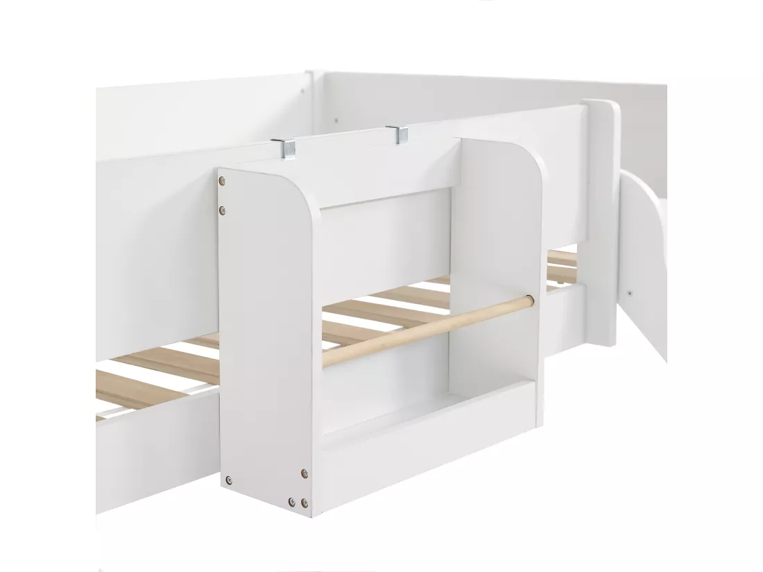 Lit mezzanine 90x200 cm avec une étagères amovible - avec échelle et toboggan - en bois de pin et MDF - Blanc