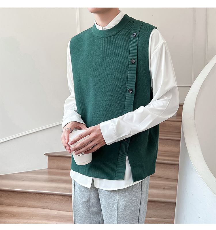 Cowpow - Effen vest met ronde hals en knoopjes en split