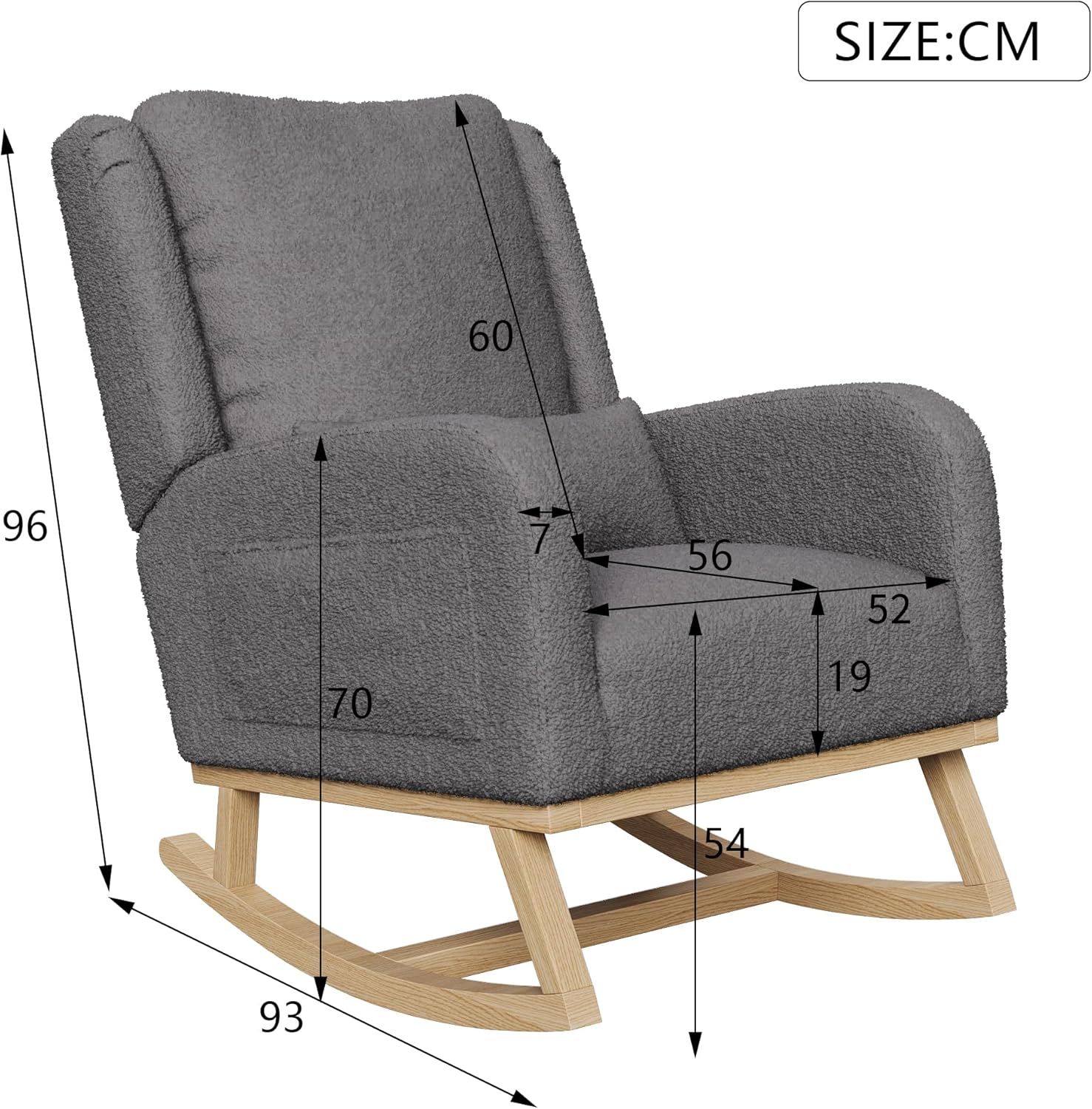Schaukelstuhl, Stillstuhl, Sessel mit Armlehnen, Stillstuhl mit Schaukelfunktion mit Massivholzfüßen, Plüsch Teddy, für Wohnzimmer, Schlafzimmer, Balkon (Teddy Plüsch, Grau)