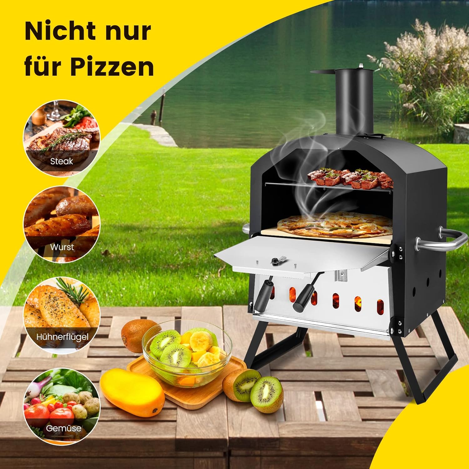 COSTWAY Outdoor Pizzaofen, 2-lagigem Pizza Ofen mit Grillrost, Pizzastein, Pizzaschaufel, wasserdichter Abdeckung, hitzebeständigen Griffen & klappbaren Beinen, für Picknick, Camping, Party