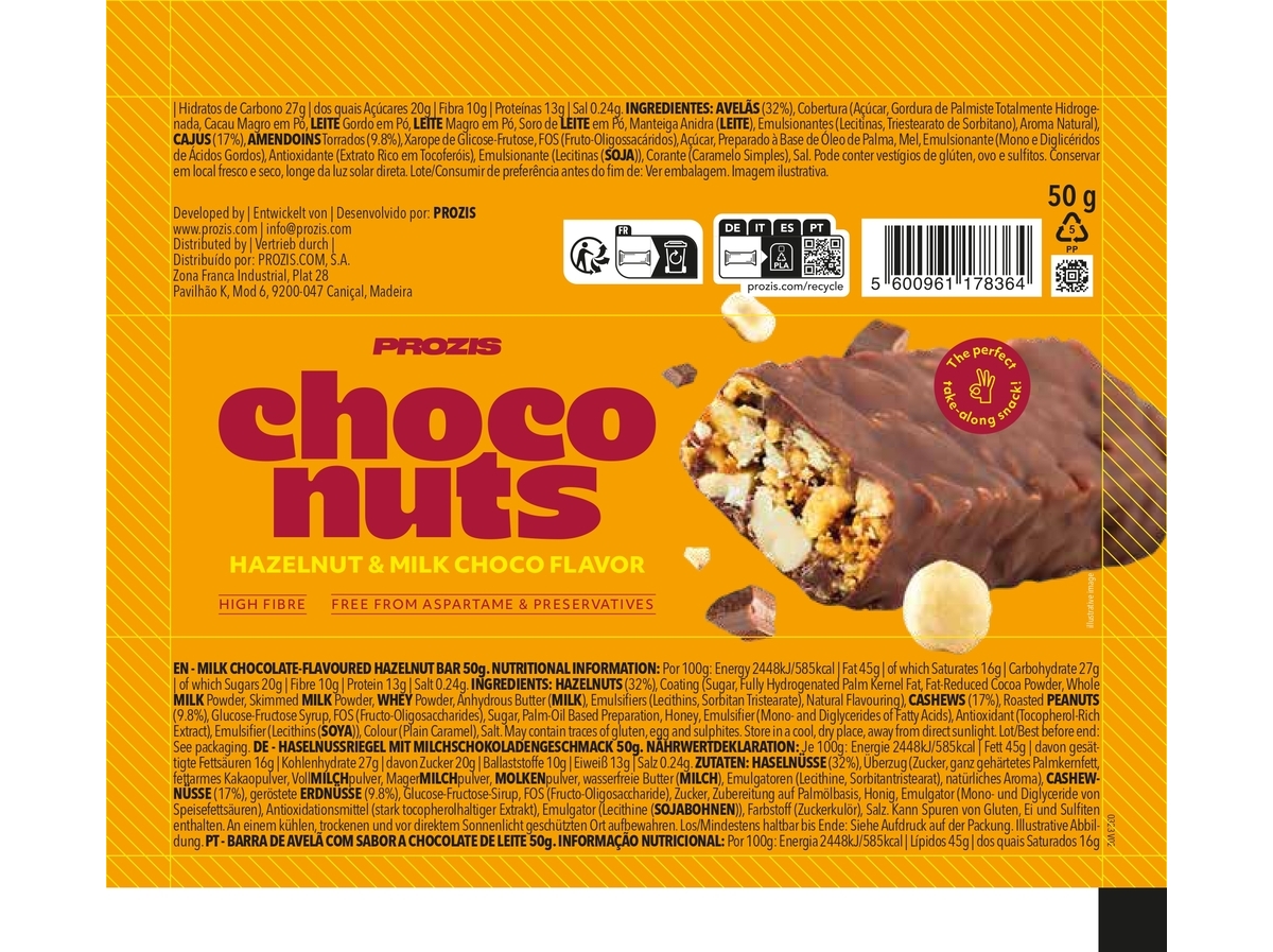BARRA CHOCONUTS PROZIS AVELÃ E CHOCOLATE 50G