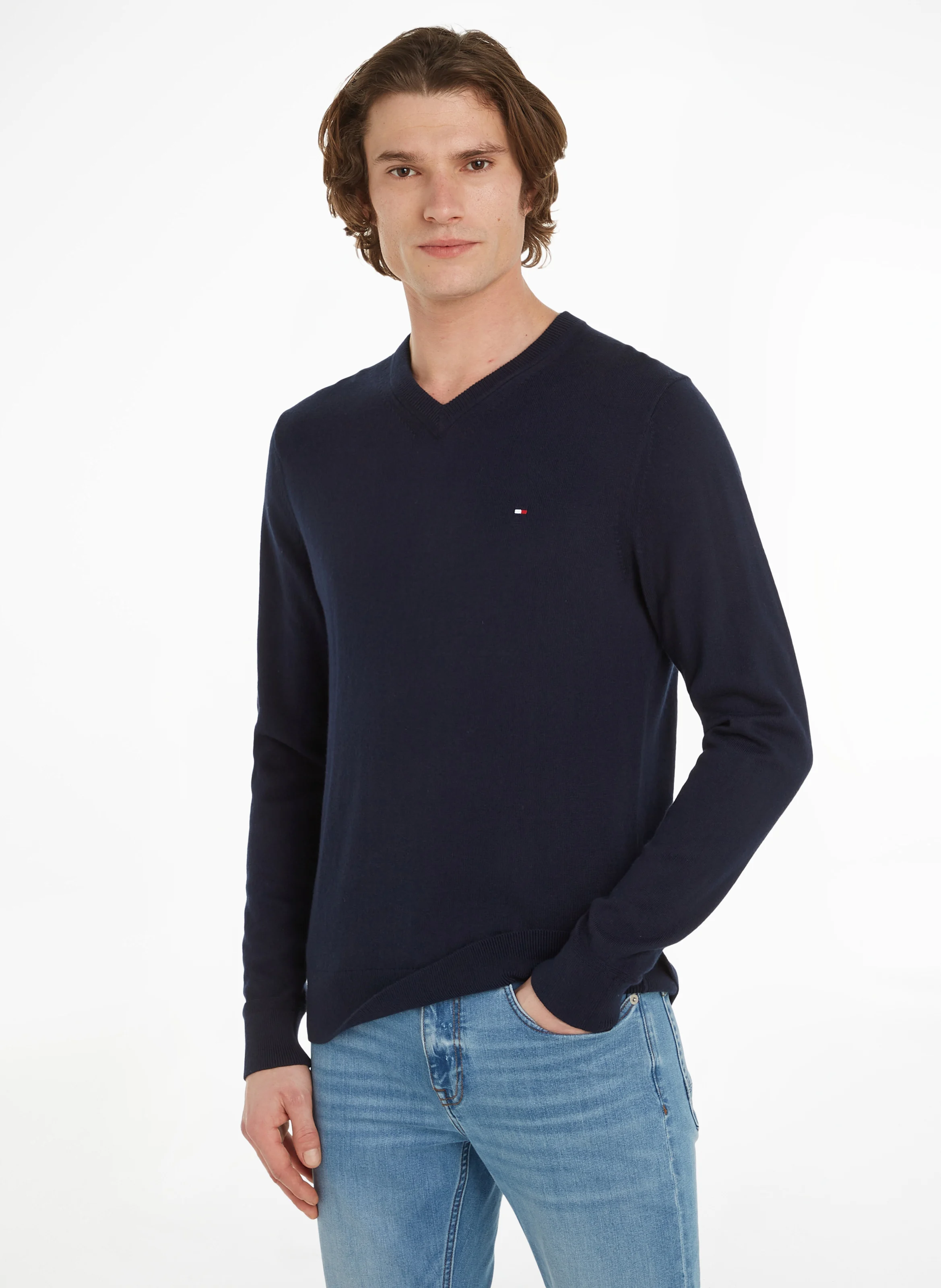 Pull col V regular-fit en coton bio mélangé| Bleu