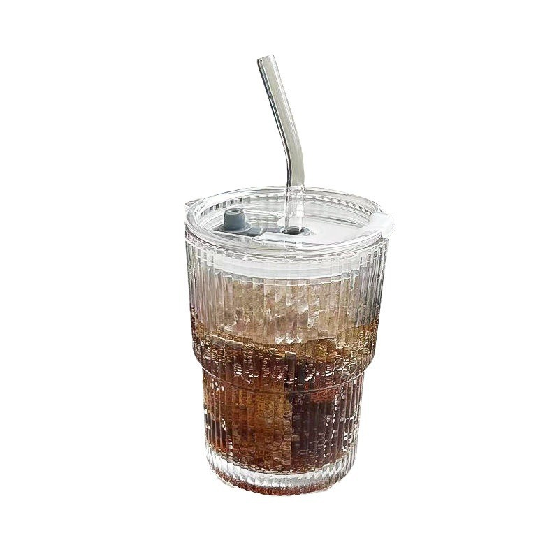 (450ml) Trinkglas Cocktail Cup Getränke Glas Kaffee Becher inkl. Glas Strohhalm   Deckel - Transparent