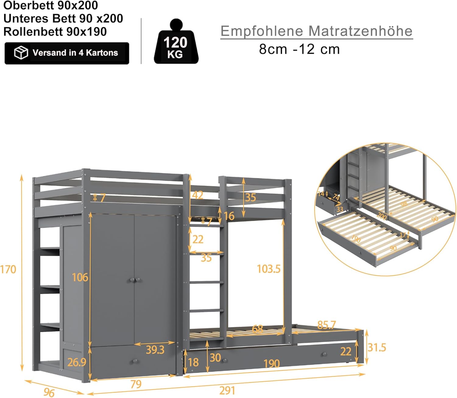 Etagenbett 90 x 200cm,Jungenbett aus Massivholz mit Ausziehbett 90x190cm, multifunktionales Kinderbett mit Kleiderschrank, Schubladen und Ablagefach (Grau)