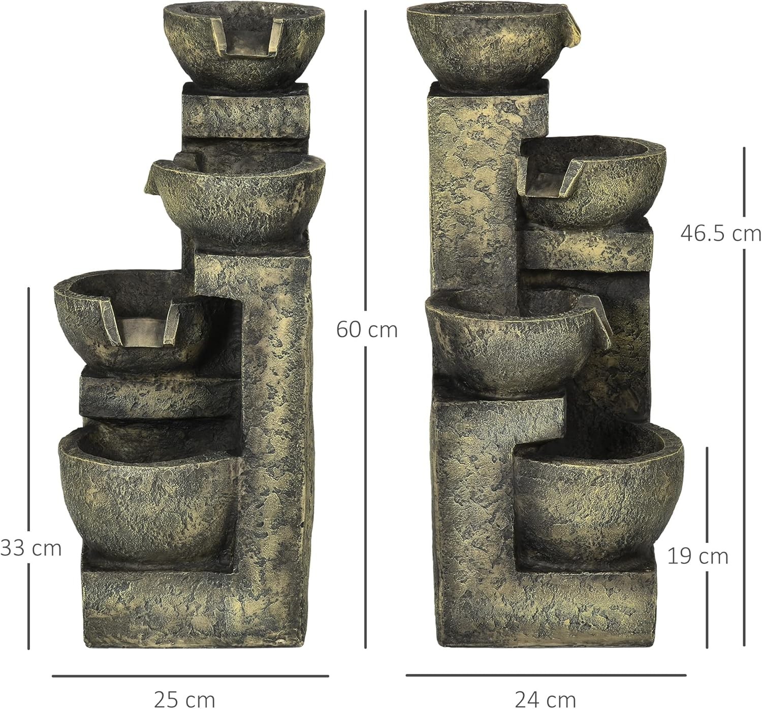 Outsunny Springbrunnen aus Kunstharz Outdoor Gartenbrunnen mit Einstellbarer Strömung Dekorationsbecken 4 Stufen Zierbrunnen für Garten Terrasse Rasen 25cm x 24cm x 60cm Schwarz