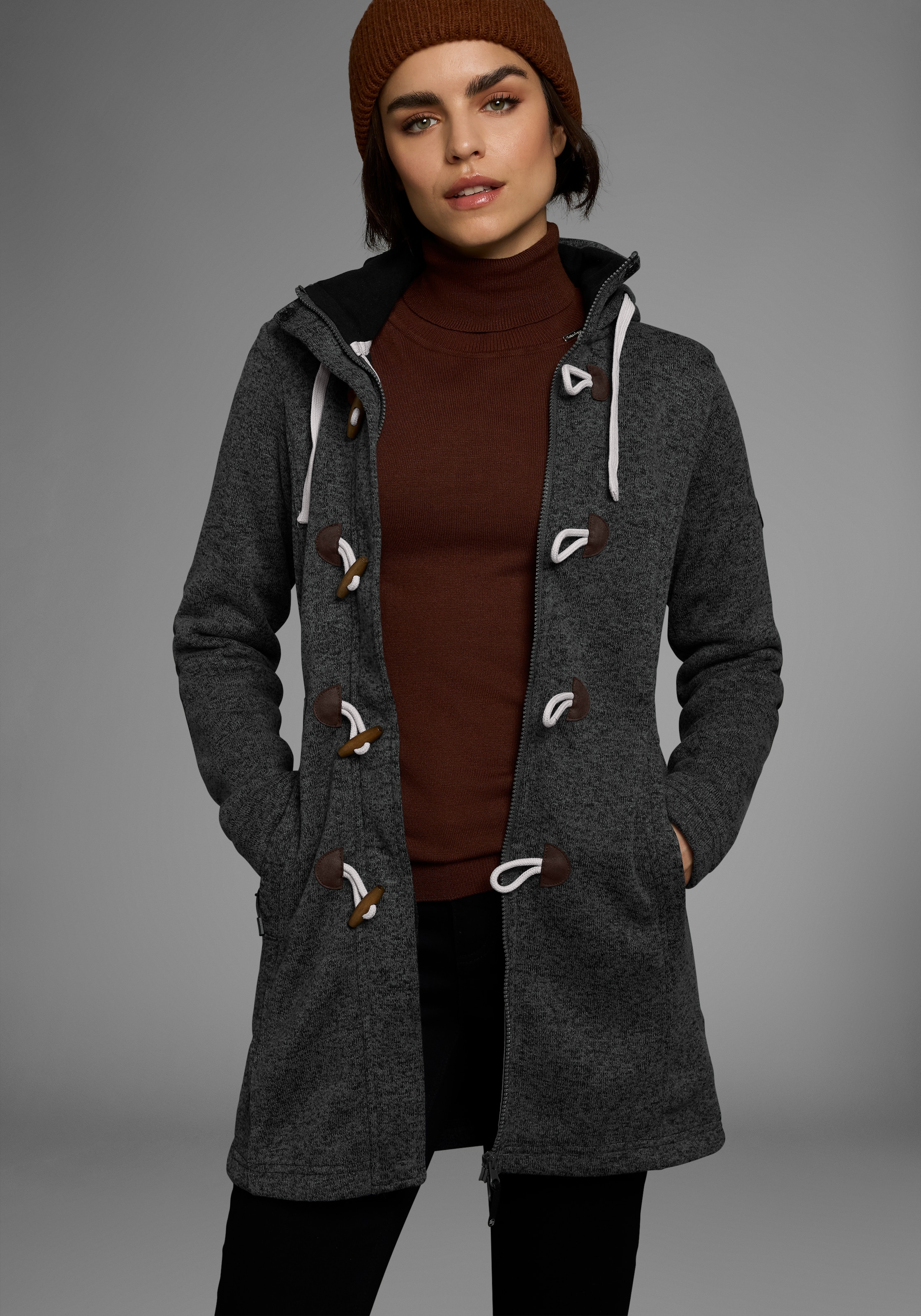 Polarino Strickfleecejacke mit Kapuze für den Übergang,  aus Strickfleece,  atmungsaktiv
