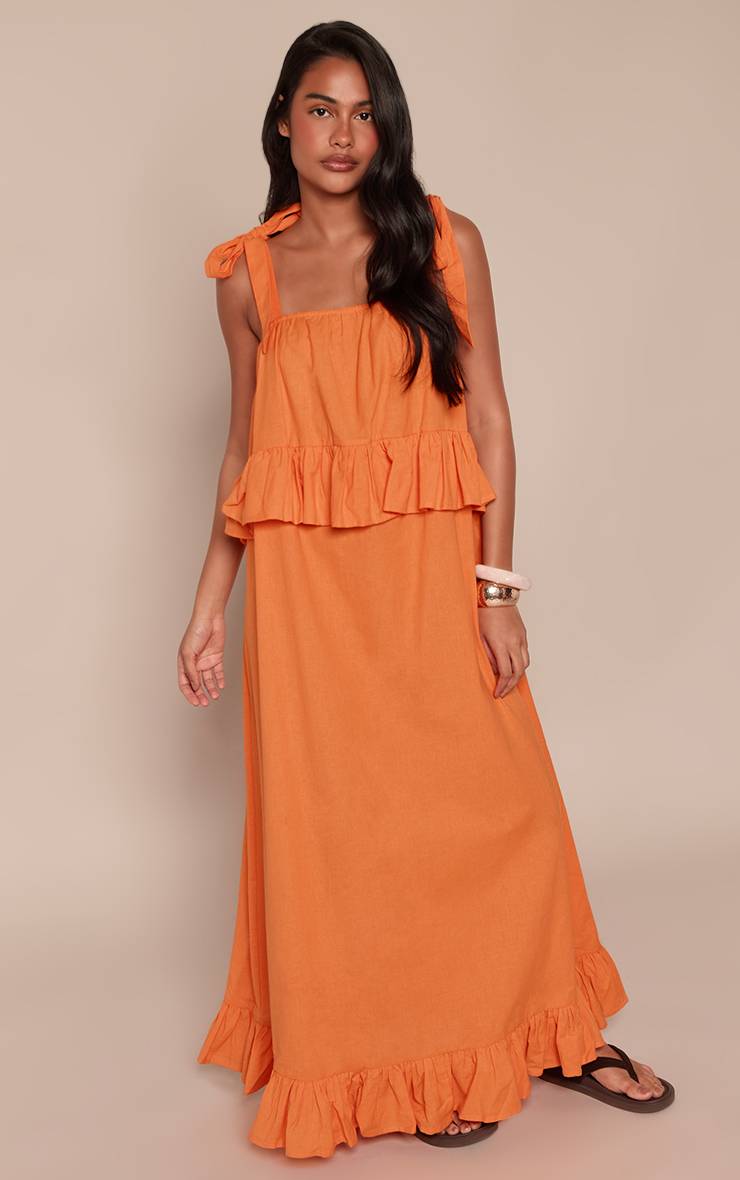 Orange Robe Maxi À Étages Aspect Lin Avec Bretelles Nouées