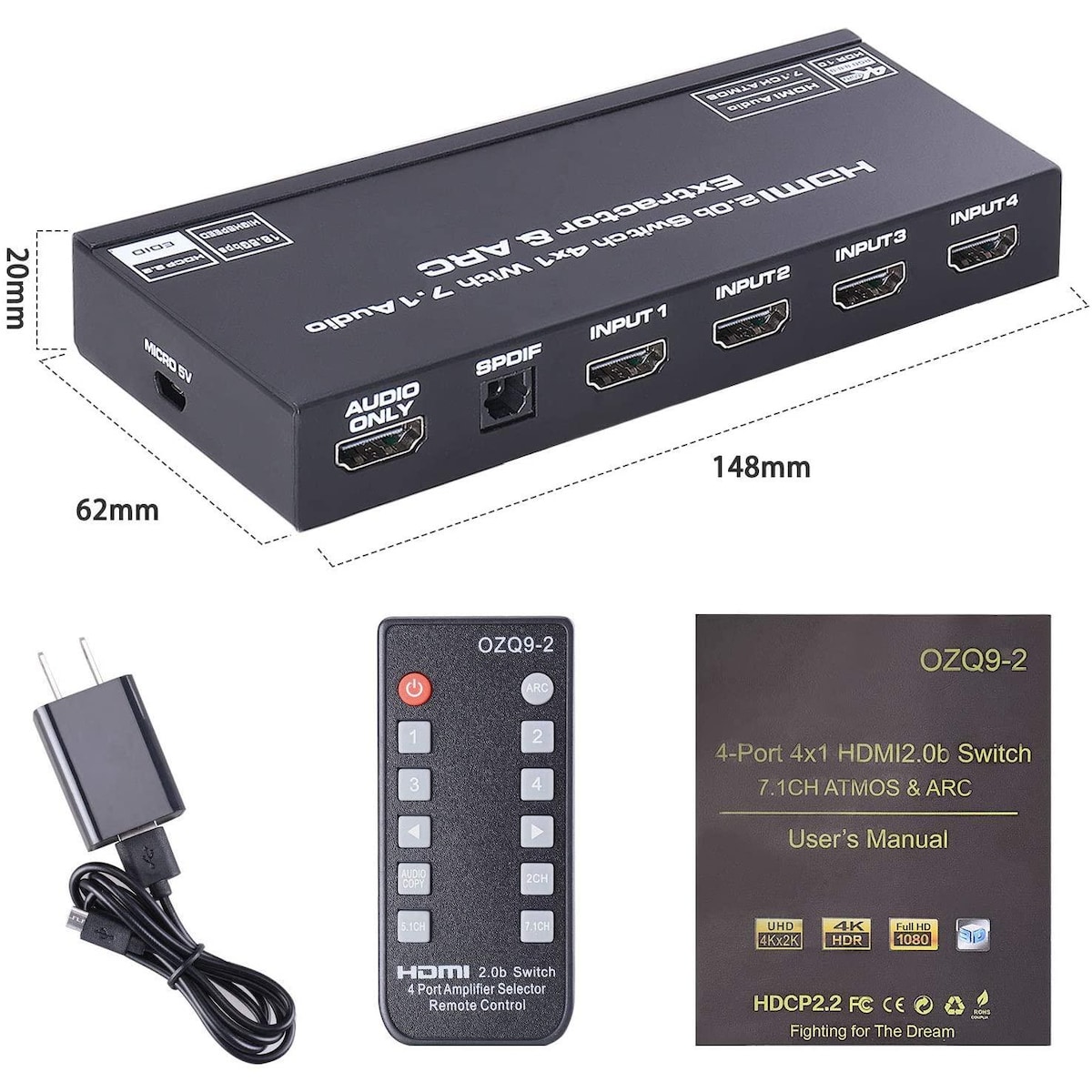 NÖRDIC HDMI Switch 4 til 1 med 7.1 lydekstraktor ARC SPDIF stereo 3,5 mm lyd 4K60hz HDCP2.2 3D HDR10 18Gbps