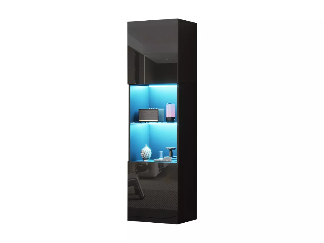 Vitrine 45x35x160cm - avec 2 ports - avec éclairage LED - 1 étagère en verre - noir