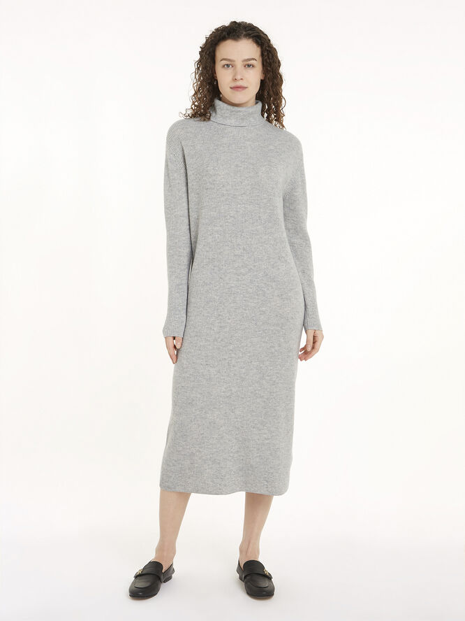 Tommy Hilfiger WOOL CASH ROLL-NK LS LONG DRESS Light grey htr