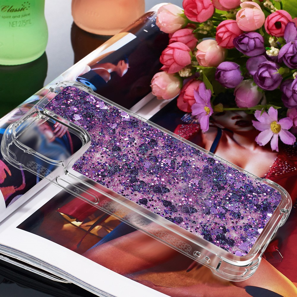 iPhone 13 Hardcase Hülle mit Air Cushion Fallschutz Liquid Case Glitzer Herzen - Lila / Transparent