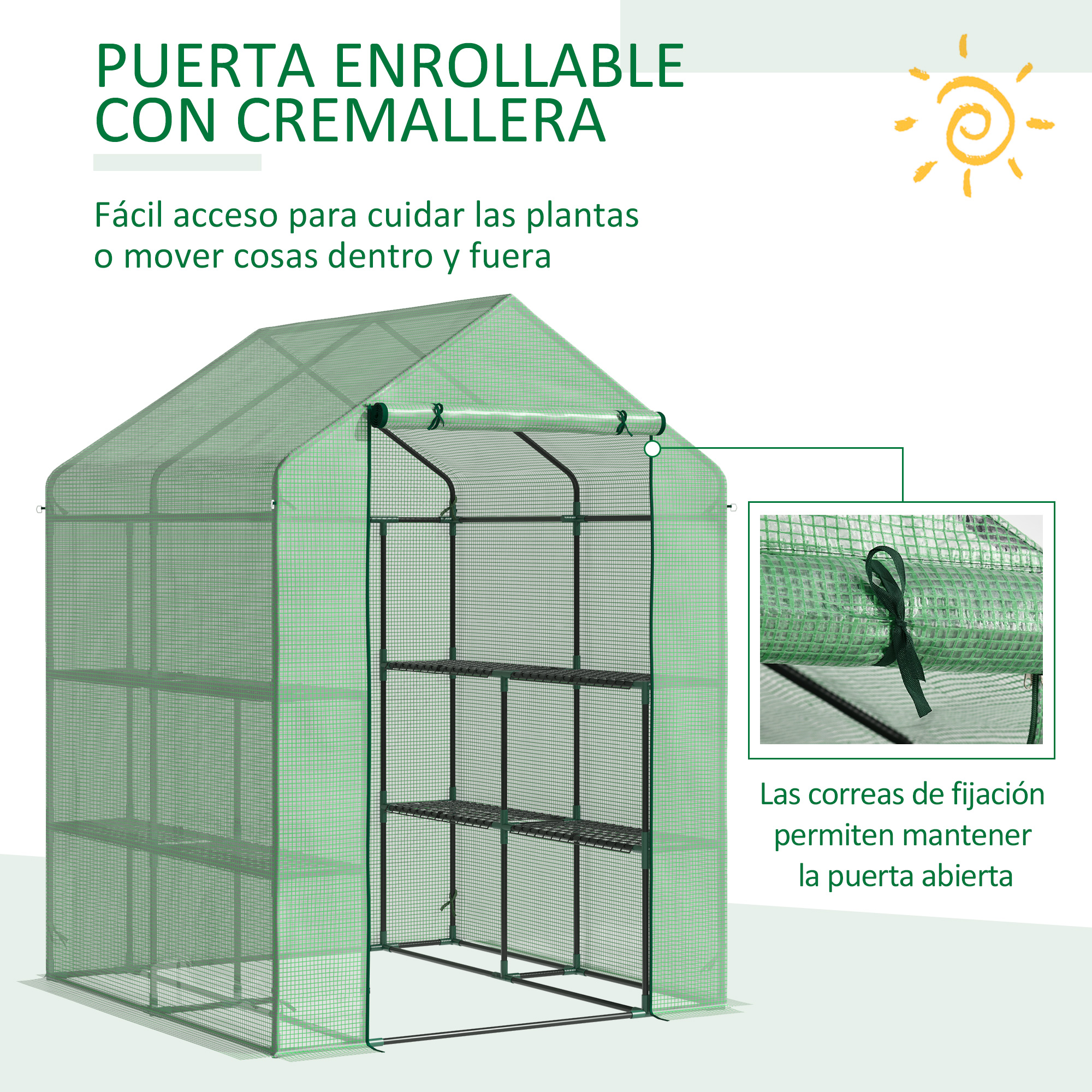 Estufa de jardim Outsunny de aço com 2 níveis, 4 prateleiras e porta de enrolar para cultivo de plantas, vasos e flores, 143x138x190 cm, verde