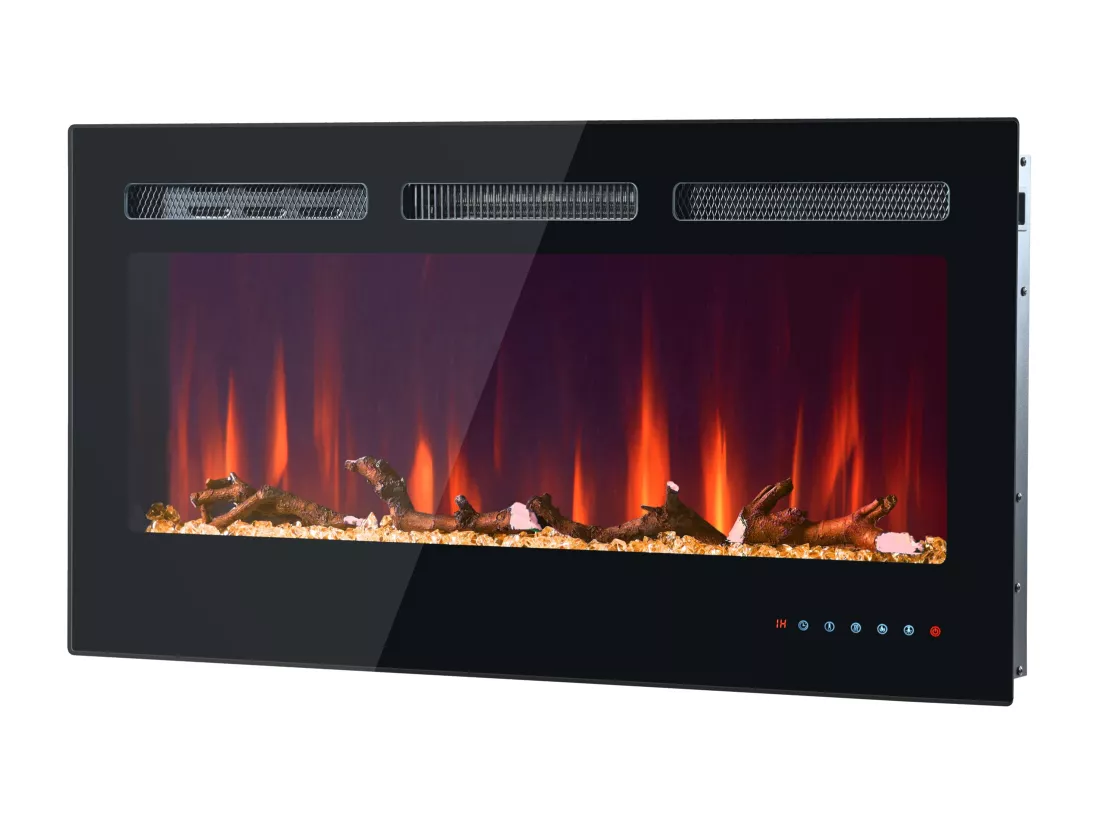 Cheminée électrique mural et encastrable 900/1800W - effet de flamme LED 3D réglable - Minuterie, thermostat, télécommande/écran tactile - Noir