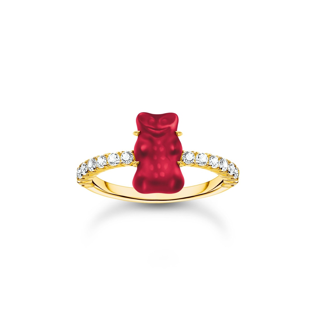 Thomas Sabo x HARIBO Ring mit rotem Mini-Goldbären und Steinen vergoldet