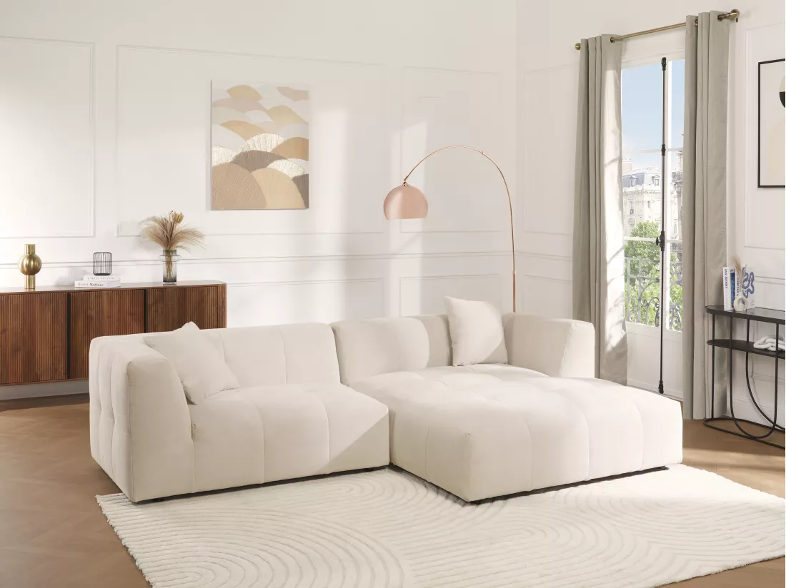 Canapé d'angle droit en velours côtelé beige NAEMIA de Maison Céphy