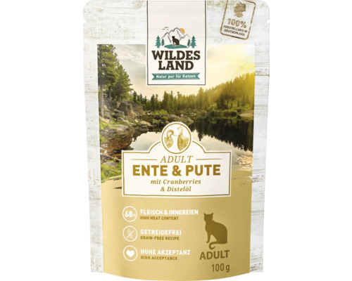 WILDES LAND natvoer voor katten, proefverpakking met 8 zakjes, multipack 8 x 100 g, vis, gevogelte, konijn, rund- en kalfsvlees met waardevolle superfoods, graanvrij, glutenvrij, 800 g