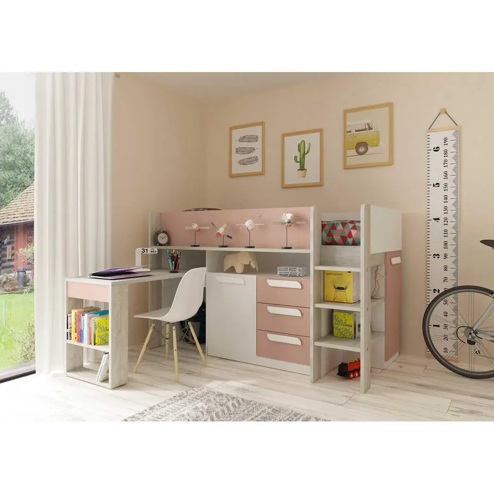 Halfhoogslaper Beau 90x200 met bureau - oudroze