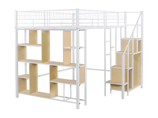 Lit mezzanine polyvalent 140 x 200 cm, lit en métal avec espace de rangement, étagères et escalier,blanc